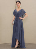 A-line V-Neck Asymmetrical Chiffon Mother of the Bride Dress With Sequins Beading Cascading Ruffles