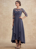 A-line Scoop Illusion Asymmetrical Lace Chiffon Mother of the Bride Dress With Cascading Ruffles