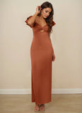 Flutter Sleeve Stretch Satin Sheath Bridesmaid Dress