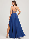 A-line V-Neck Floor-Length Chiffon Prom Dresses With Pleated