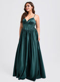 Plus Size Ball-Gown/Princess V-Neck Floor-Length Satin Prom Dresses With Pleated