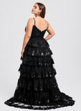 Plus Size Ball-Gown/Princess V-Neck Sweep Train Lace Prom Dresses With Sequins