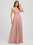 A-line V-Neck Floor-Length Mesh Prom Dresses With Pleated