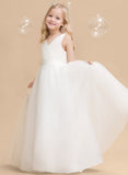 Ball-Gown/Princess V-Neck Floor-Length Tulle/Satin Flower Girl Dress With Bow