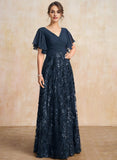 A-line V-Neck Floor-Length Lace Sequin Chiffon Mother of the Bride Dress With Pleated