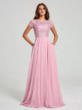 A-Line/Princess Scoop Floor-Length Short Sleeves Chiffon Bridesmaid Dress