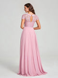 A-Line/Princess Scoop Floor-Length Short Sleeves Chiffon Bridesmaid Dress