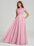 A-Line/Princess Scoop Floor-Length Short Sleeves Chiffon Bridesmaid Dress