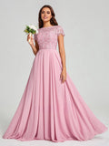 A-Line/Princess Scoop Floor-Length Short Sleeves Chiffon Bridesmaid Dress