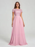 A-Line/Princess Scoop Floor-Length Short Sleeves Chiffon Bridesmaid Dress