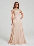 A-Line/Princess Scoop Floor-Length Short Sleeves Chiffon Bridesmaid Dress