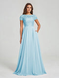 A-Line/Princess Scoop Floor-Length Short Sleeves Chiffon Bridesmaid Dress