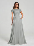 A-Line/Princess Scoop Floor-Length Short Sleeves Chiffon Bridesmaid Dress