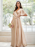 A-Line/Princess Silk like Satin Sash/Ribbon/Belt V-neck Short Sleeves Floor-Length Bridesmaid Dresses