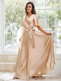 A-Line/Princess Silk like Satin Sash/Ribbon/Belt V-neck Short Sleeves Floor-Length Bridesmaid Dresses