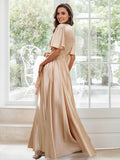 A-Line/Princess Silk like Satin Sash/Ribbon/Belt V-neck Short Sleeves Floor-Length Bridesmaid Dresses