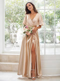 A-Line/Princess Silk like Satin Sash/Ribbon/Belt V-neck Short Sleeves Floor-Length Bridesmaid Dresses