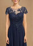 A-line Scoop Illusion Tea-Length Lace Chiffon Mother of the Bride Dress With Sequins