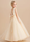 Ball-Gown/Princess Scoop Floor-Length Satin/Tulle Flower Girl Dress With Bow/Beading