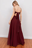 Spaghetti Straps Scoop Neck Long Stretch Satin Bridesmaid Dress with Split