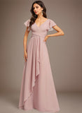 A-line V-Neck Floor-Length Chiffon Bridesmaid Dress With Ruffle