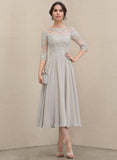 A-line Scoop Illusion Tea-Length Chiffon Lace Mother of the Bride Dress With Sequins Beading