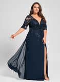 Plus Size Sheath/Column V-Neck Floor-Length Lace Chiffon Mother of the Bride Dress With Sequins