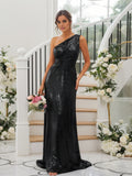 Sheath/Column Sequins Ruched One-Shoulder Sleeveless Sweep/Brush Train Bridesmaid Dresses