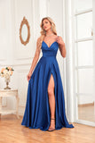 V-Neck Floor-Length Satin Prom Dress With Pleated Split