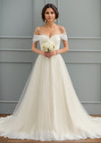 Ball-Gown/Princess Off the Shoulder Court Train Tulle Lace Wedding Dress With Ruffle