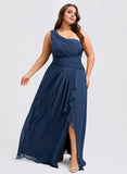 Plus Size A-line One Shoulder Floor-Length Chiffon Bridesmaid Dress With Ruffle