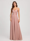 A-line V-Neck Floor-Length Mesh Prom Dresses With Pleated