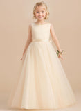 Ball-Gown/Princess Scoop Floor-Length Satin/Tulle Flower Girl Dress With Bow/Beading