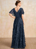 A-line V-Neck Floor-Length Lace Sequin Chiffon Mother of the Bride Dress With Pleated