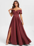 A-line Off the Shoulder Floor-Length Matte Satin Prom Dresses With Pleated