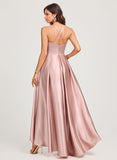 A-line High Neck Asymmetrical Stretch Satin Prom Dresses