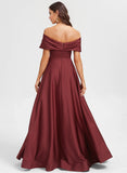 A-line Off the Shoulder Floor-Length Matte Satin Prom Dresses With Pleated