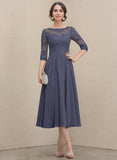 A-line Scoop Illusion Tea-Length Chiffon Lace Mother of the Bride Dress With Sequins