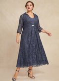 Plus Size A-line V-Neck Tea-Length Chiffon Mother of the Bride Dress