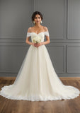 Ball-Gown/Princess Off the Shoulder Court Train Tulle Lace Wedding Dress With Ruffle