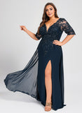 Plus Size Sheath/Column V-Neck Floor-Length Lace Chiffon Mother of the Bride Dress With Sequins