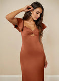 Flutter Sleeve Stretch Satin Sheath Bridesmaid Dress