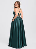 Plus Size Ball-Gown/Princess V-Neck Floor-Length Satin Prom Dresses With Pleated