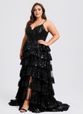 Plus Size Ball-Gown/Princess V-Neck Sweep Train Lace Prom Dresses With Sequins