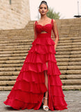 A-line Sweetheart Floor-Length Chiffon Prom Dresses With 3D Floral Cascading Ruffles