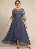 Plus Size A-line Scoop Illusion Asymmetrical Lace Chiffon Mother of the Bride Dress With Cascading Ruffles