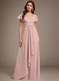 A-line V-Neck Floor-Length Chiffon Bridesmaid Dress With Ruffle