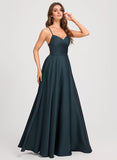 A-line V-Neck Floor-Length Matte Satin Prom Dresses With Pleated