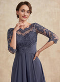 A-line Scoop Illusion Asymmetrical Lace Chiffon Mother of the Bride Dress With Cascading Ruffles