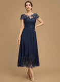 A-line Scoop Illusion Tea-Length Lace Chiffon Mother of the Bride Dress With Sequins